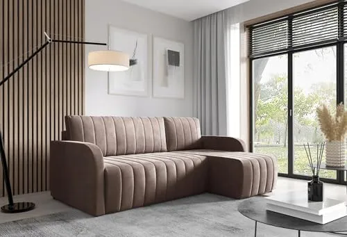 LIKMA Ecksofa Otto L-Form 224 cm Braun Moderne Sofas & Couches - Velvet Sofa mit Schlaffunktion - Schlafsofa mit Bettkasten - Wohnlandschaft mit Bettzeugbehälter, Stoff: Jasmine 28