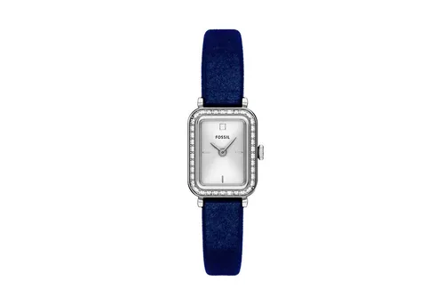 Fossil Quarzuhr Raquel ES5436 - Elegante Damenuhr mit Glassteinen - Elegante Armbanduhr mit rechteckigem Gehäuse, marineblauem Samtband und silberfarbenem Sunray-Zifferblatt. Ideal für stilvolle Anlässe und den täglichen Gebrauch.