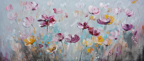 Ölgemälde, Blumen-Blumenwiese, (1 St.), jedes Bild ein Unikat, BxH: 140x60 cm Farbe Rahmen: kein Rahmen + Farbe Bild(er): lila-gelb-grau-grün B/H/T: 140 cm x 60 cm x 2,1 cm