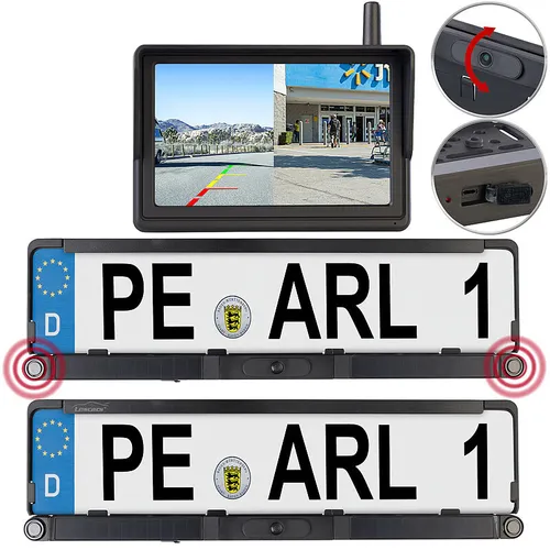 Lescars Solar-Funk-HD-Front- & Rückfahrcam mit Splitscreen-Monitor - Einparkkameras mit kabellosen Parksensoren für eine einfache Nachrüstung der Einparkhilfe - ideal für sicheres Parken.