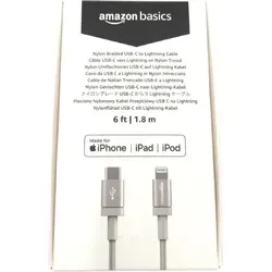 Amazon Basics USB-C-auf-Lightning-Kabel, geflochtenes Nylon, MFi-zertifiziertes Ladekabel für iPhone 13/12/11/X/XS/XR/8, Silber, 1.8 m