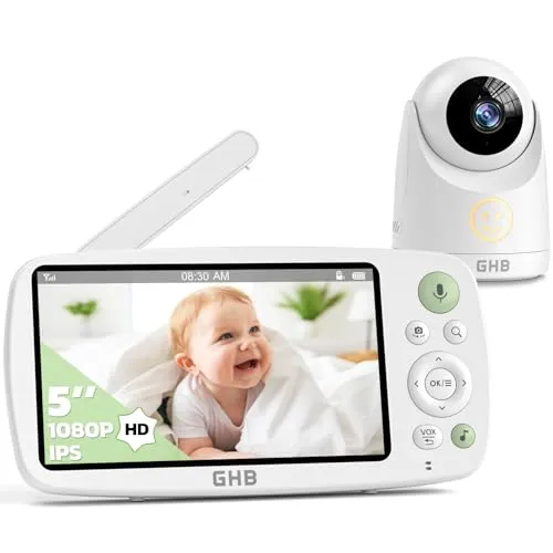 GHB Babyphone mit Kamera 5 Zoll HD 1080P - Video-Babyphone mit 4000mAh Akku für bis zu 24 Stunden Nutzung im VOX-Modus, HD-Nachtsicht und 110° Weitwinkel für optimale Überwachung Ihres Babys.