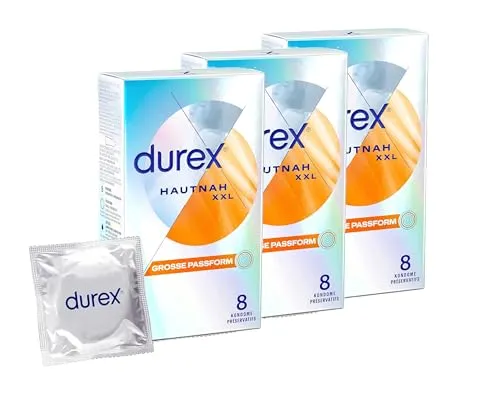 Durex Hautnah XXL Kondome – Ultra dünn, anatomische Easy-On-Form - Kondome für Männer, ultra dünn für maximales Gefühl und mit Silikongleitgel befeuchtet für mehr Spaß am Sex – 24er Pack für optimale Sicherheit.