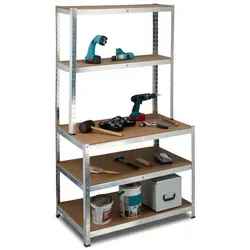 Schwerlastregal mit Werkbank - 5 Böden - Robustes Werkstattregal aus Stahl, ideal für Keller und Werkstätten, mit einer Tragfähigkeit von bis zu 300 kg pro Regalboden.