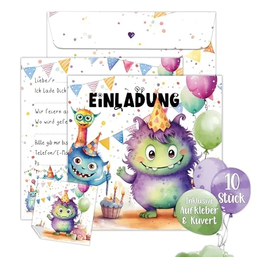 TOBJA Monster Einladung Kindergeburtstag Junge | XXL Monster Einladungskarten Geburtstag 15 x 15 cm | 10er Set mit Umschlägen & Stickern | Geburtstagseinladungen Jungen (Monster)