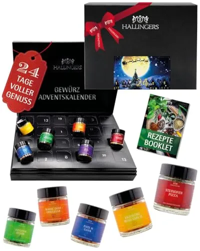 Hallingers Genuss Manufaktur Gewürz Adventskalender - 24 Gewürze aus aller Welt in edler Box mit Rezept-Booklet "Magische Reise", Weihnachtskalender