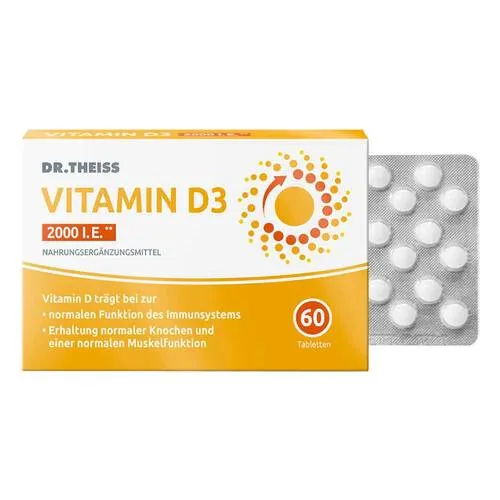 Dr. Theiss Vitamin D3 Tabletten 2000 I.E. - Nahrungsergänzungsmittel zur Unterstützung des Immunsystems und der Knochenfunktion, leicht einzunehmende Tabletten, gluten- und laktosefrei, ideal für sonnenarme Monate.