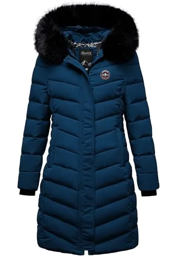 REPUBLIX Damen Gefütterte Winterjacke RJ-8016 Navyblau - Elegante Damen Winterjacke mit femininer Passform. Hergestellt aus 100% Polyester, bietet sie Pflegeleichtigkeit und Strapazierfähigkeit. Mit Kunstfellkragen und Kapuze für zusätzlichen Wetterschutz. Ideal für Alltag und Outdoor-Aktivitäten.