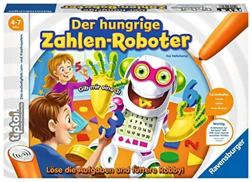 Ravensburger tiptoi Spiel 00706 Der hungrige Zahlenroboter - Lernspiel für 1-4 Spieler ab 4 Jahren, das spielerisch Formen und Rechnen in 4 Schwierigkeitsstufen vermittelt. Unterstützt Vorschulkinder und 1. Klässler beim Lernen mit interaktiven Aufgaben.
