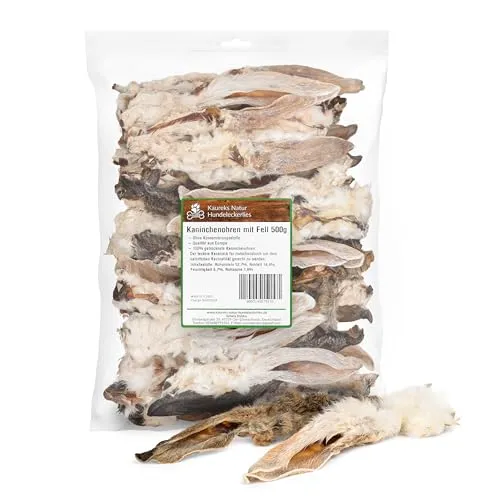 Kaureks Natur Hundeleckerlies, 500g Kaninchenohren mit Fell, Hasenohren, fettarm, Kauartikel, Kausnack
