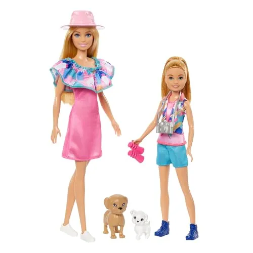 Barbie und Stacie Geschwisterabenteuer Set - Puppenset mit Barbie und Stacie, inspiriert von ihrem Film. Enthält Sommeroutfits, Kamera, Fernglas und zwei Hündchen für kreative Spielabenteuer, ideal für Kinder ab 3 Jahren.