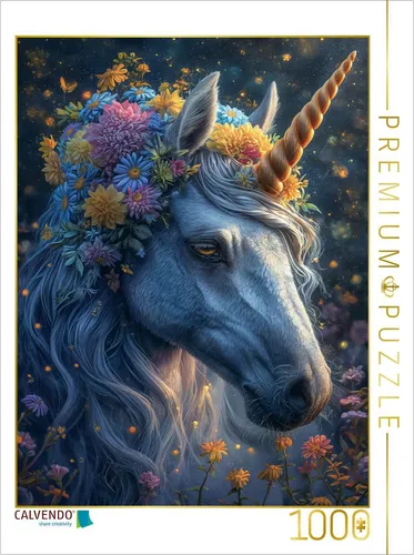 CALVENDO Puzzle Magischer Abendzauber: Ein weißes Einhorn im Blumenkranz unter d