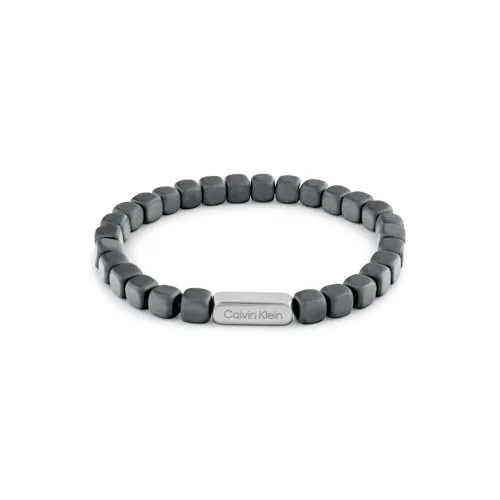 Calvin Klein Herren-Armband 35100060 – graue quadratische Perlen, zentrales Detail aus Edelstahl mit Logo, elastisches Design ohne Verschluss, Mediano, Stein, Kein Edelstein