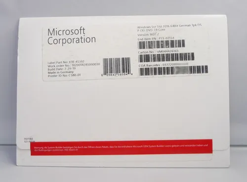 Windows Server 2016 Standard 24 Core OEM DE - Betriebssystem für Unternehmen mit verbesserter Sicherheit und nahtloser Integration in Microsoft Azure für hybride IT-Lösungen.