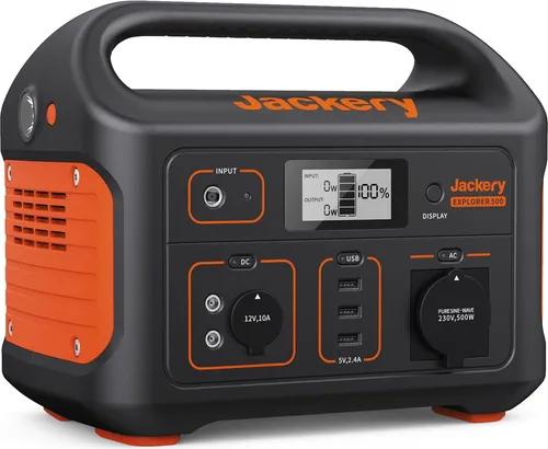 Jackery Explorer 500 tragbare Powerstation - Powerstation mit 518Wh Kapazität und 1000W Maximalleistung, ideal für Camping und Outdoor-Aktivitäten. Leicht und tragbar mit mehreren Lademöglichkeiten, einschließlich Solar, für maximale Flexibilität.