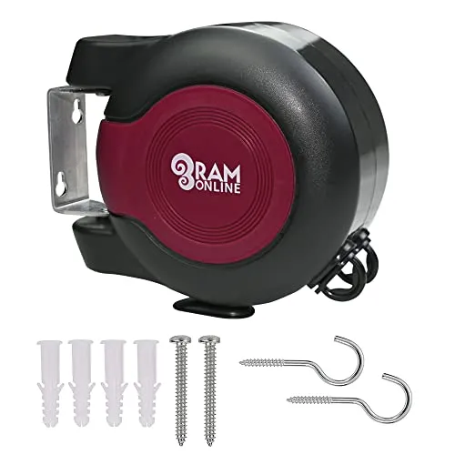 RAM ONLINE Ausziehbare Wäscheleine 30 Meter, Schwarz - Wäscheleinen - Robuste und langlebige, einziehbare Wäscheleine mit einfacher Wandmontage, ideal für platzsparendes Trocknen von Wäsche.