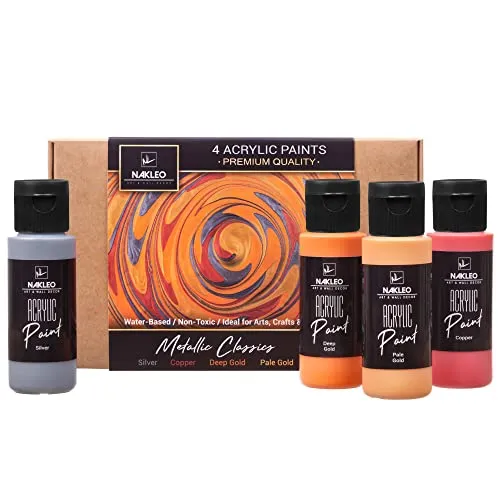 Nakleo Acrylfarben Set, 4 Farben (60 ml) Metallic Classics Silber Kupfer Gold, Ungiftig Wasserfest Matt, Künstlerbedarf für Kunst Handwerk DIY, Schablonen Wänd Glas Holz Keramik Stoffe Leder Papier