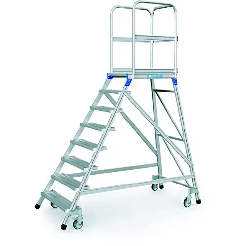 ZARGES Podesttreppe einseitig 8 Stufen - Plattformtreppe mit 8 Stufen für sicheren und bequemen Aufstieg. Ideal für flexibles Arbeiten dank mobiler Federlenkrollen und stabiler Plattform.