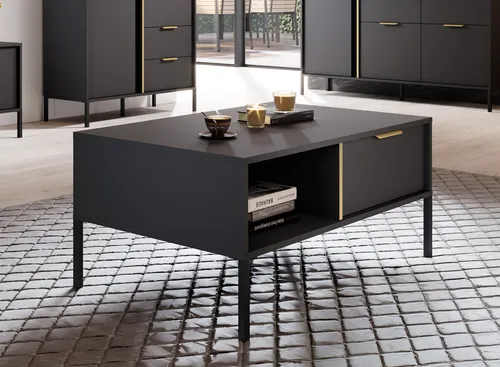 AX LIVING Catanian Couchtisch Anthrazit mit Schubladen – 96,9 cm - Moderner Couchtisch in Anthrazit mit goldenen Akzenten. Bietet praktische Aufbewahrung durch 2 Schubladen und ein offenes Fach. Ideal für stilbewusste Wohnräume. Maße: 96,9 x 44,4 x 60 cm.