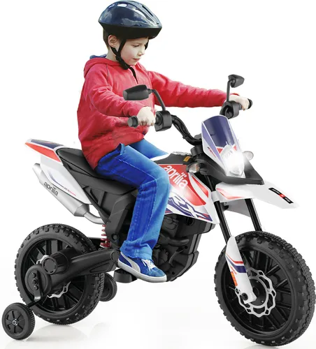 COSTWAY Aprilia Elektro Motorrad für Kinder – 12V mit Stützrädern & Musik - Cooles Elektro-Motorrad für Kinder von 3-8 Jahren. Mit zwei starken Motoren, stabilen Stützrädern und einem ergonomischen Sitz für hohen Fahrkomfort. Spaß mit Musik und Licht!