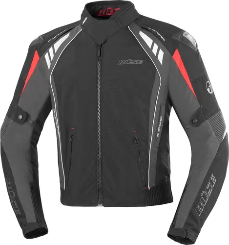 Büse B.Racing Pro Textiljacke - Wasserdicht & Atmungsaktiv in Schwarz/Grau/Rot - XXL - Motorradjacke mit Humax Klimamembrane, die wasserdicht, winddicht und atmungsaktiv ist. Ideal für Sicherheit und Komfort mit entnehmbaren Protektoren und reflektierenden Elementen.