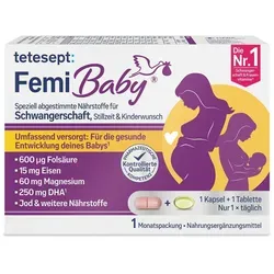 tetesept Femi Baby Filmtabletten + Weichkapseln - Nahrungsergänzungsmittel für Frauen mit Kinderwunsch, Schwangere und Stillende, enthält Folsäure, Eisen, Jod und DHA für eine optimale Versorgung während der wichtigen Lebensphasen.