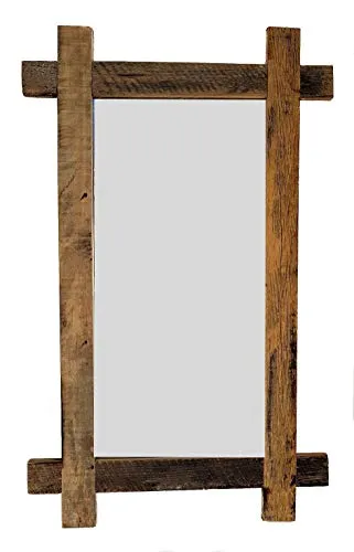 Rustikaler Massiv Holz Wandspiegel - 90x55 cm - Dekorative Wandspiegel im Used Look, ideal für Flur oder Bad, vielseitig montierbar und aus hochwertigem Holz gefertigt.