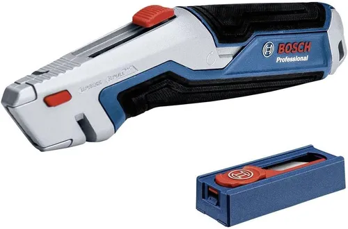 Bosch Professional Universal Messer + 10 tlg. Klingen Set - Cuttermesser mit robustem Aluminiumgehäuse, ideal für präzise Schnitte durch härteste Materialien, inklusive 10 Klingen für vielseitige Anwendungen.