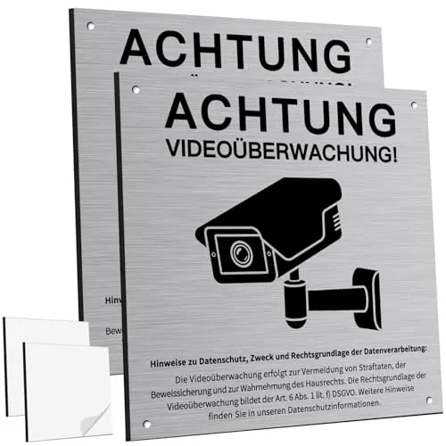 Videoüberwachung Schild Privatgrundstück mit DSGVO Hinweis - Sicherheitsschild 15x15cm aus Aluminium, selbstklebend und mit Bohrlöchern für einfache Montage. Ideal für die Kennzeichnung von überwachten Bereichen – robust, wetterfest und gut sichtbar!