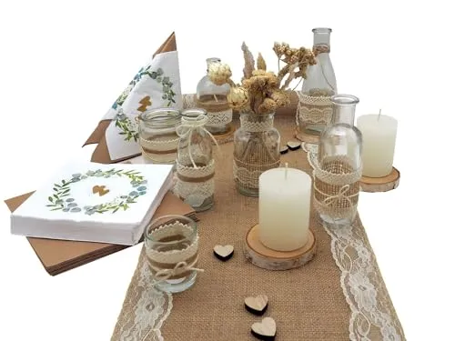 ZauberDeko Tischdeko Herz Gold Eukalyptus Holz Creme Natur Braun Spitze - Tischdekoration im Boho Stil für 20 Personen, ideal für Hochzeiten und besondere Anlässe. Mit natürlichen Materialien schafft dieses Set eine romantische Atmosphäre und stimmungsvolles Licht.