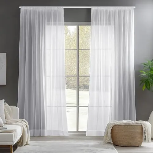 Deconovo Gardinen mit Kräuselband Stores Schal Vorhänge für Schiene Transparent Wohnzimmer Schlafzimmer Modern, 138x140 cm(HöhexBreite), Weiß, 2er Set