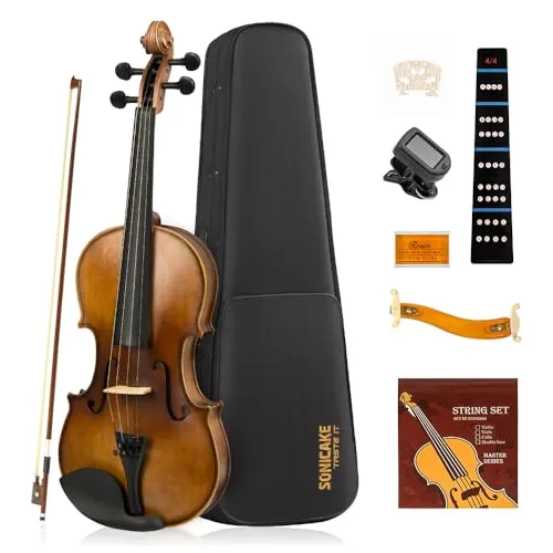 SONICAKE 4/4 Violine Geige für Erwachsene aus Massivholz Geigenset mit Hartschalenkoffer, Schulterstütze, Kolophonium, Bögen, Clip-Tuner und Saiten QVL-01