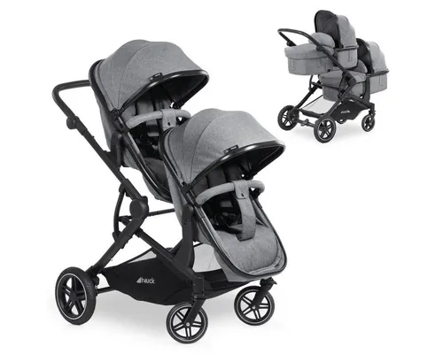 hauck Geschwisterwagen Atlantic Twin Melange Grey - 2-in-1 Zwillingswagen, mit UV-Schutz 50+ und höhenverstellbarem Schiebegriff für maximalen Komfort
