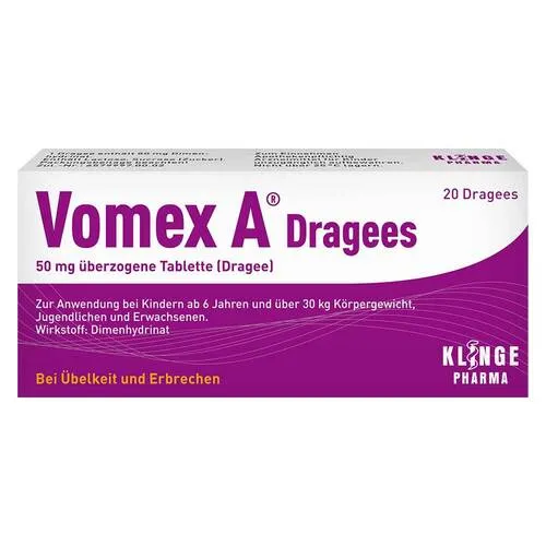 Vomex A Dragees 50 mg - 20 überzogene Tabletten - Arzneimittel zur Vorbeugung und Behandlung von Übelkeit und Erbrechen, ideal für Reisen und bei Schwindelgefühlen.