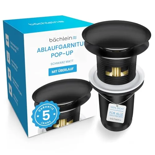 Bächlein Universal Ablaufgarnitur mit Überlauf (Matt Schwarz) - Pop Up Ventil für Waschbecken - Waschtischarmaturen, einfache Installation ohne Werkzeug und zuverlässige Push-Push-Funktion für müheloses Öffnen und Schließen.