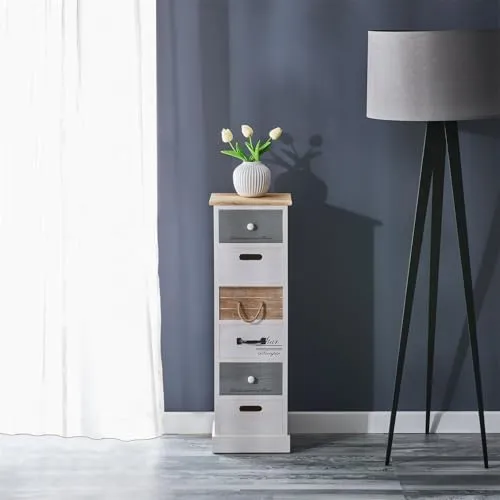 CARO-Möbel Kommode Salva - Schmaler Schubladenschrank im Vintage Look - Kommode & Sideboard aus leichtem Paulownia-Holz, ideal für kleine Nischen. 6 Schubladen bieten großzügigen Stauraum im trendigen Shabby Chic Design.