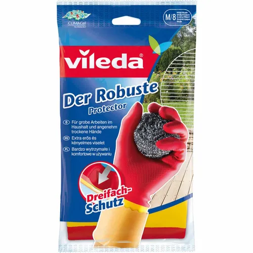 Vileda Gummihandschuhe Der Robuste Größe M - Robuste Gummihandschuhe in Größe M, ideal für grobe Arbeiten mit extra Schutz durch Doppelbeschichtung und lange Stulpe. Perfekt für Haushalt, Reinigung und Garten.