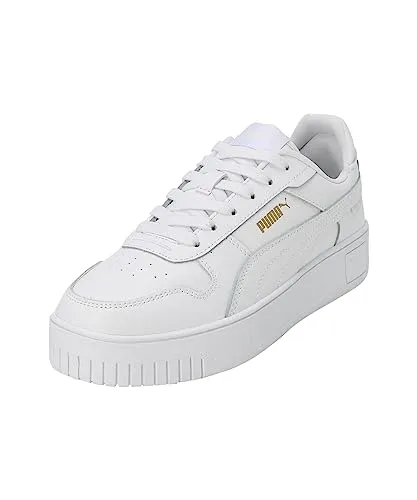 PUMA Damen Carina Street Sneaker, White White Gold, 37.5 EU - Damen-Sneaker mit hochwertigem Lederobermaterial und stylischem PUMA Formstrip, ideal für einen lässigen Look und höchsten Tragekomfort.