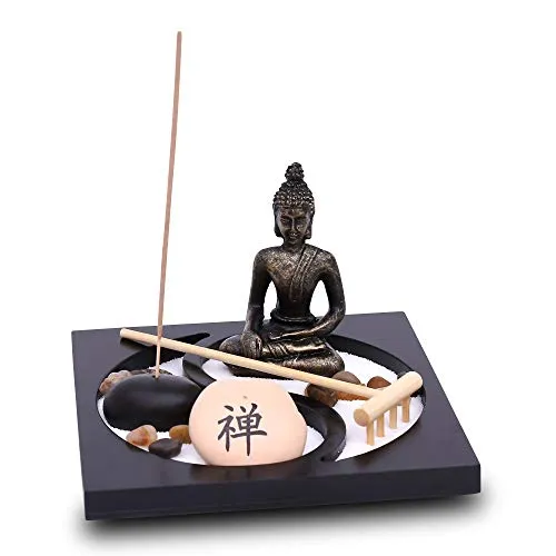 Zen Garten mit Buddha Figur - Japanischer Miniatur Garten - Feng Shui Räucherstäbchenhalter - Esotherik Set mit 3 Räucherstäbchen - Glücksbringer aus dem Buddhismus und Daoismus (Yin Yang Design)
