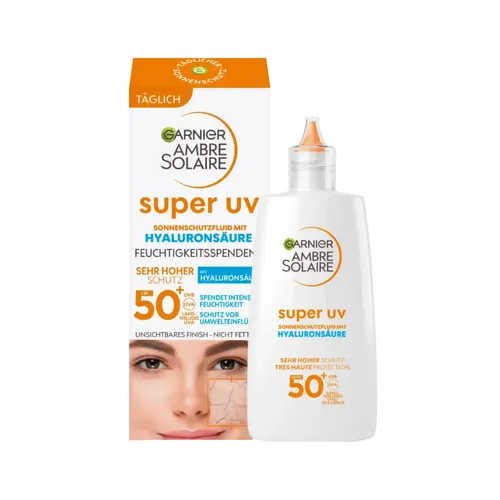 Garnier Ambre Solaire LSF 50+ Super UV Fluid - Sonnenschutz mit LSF 50+ und Hyaluronsäure, ultraleicht und mattierend für unsichtbaren Schutz vor Sonnenbrand und Pigmentflecken, ideal für das Gesicht.