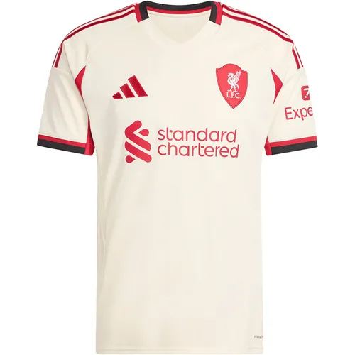Adidas Liverpool FC Auswärtstrikot 2025/26 - Beige - Stylisches Auswärtstrikot für die Saison 25/26, inspiriert vom legendären Anfield. Mit feuchtigkeitsregulierendem AEROREADY für optimalen Tragekomfort und einem besonderen Vereinslogo. Ideal für jeden Fan!