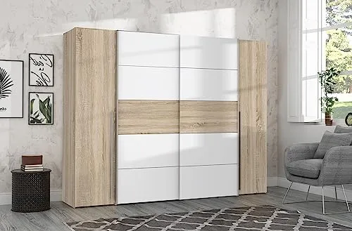 FORTE Narago Schrank 270 – Moderner Kleiderschrank mit Schwebetüren - Kleiderschrank in modernem Design mit Schwebetüren und Drehtüren, bietet viel Stauraum durch 2 Kleiderstangen und 10 Einlegeböden. Ideal für stilvolle Schlafzimmer.