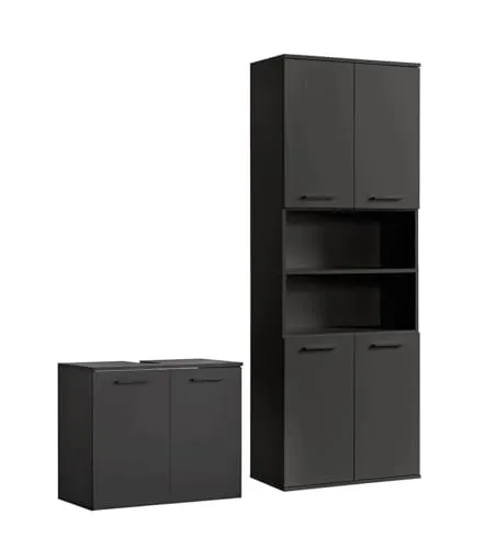 mokebo® Badmöbel Set 2-teilig 'Der Steuermann' in Anthrazit-Schwarz - Modernes 2-teiliges Badmöbel Set aus robuster Spanplatte mit Melaminbeschichtung. Platzsparendes Design für viel Stauraum und einfache Montage – ideal für dein Badezimmer!