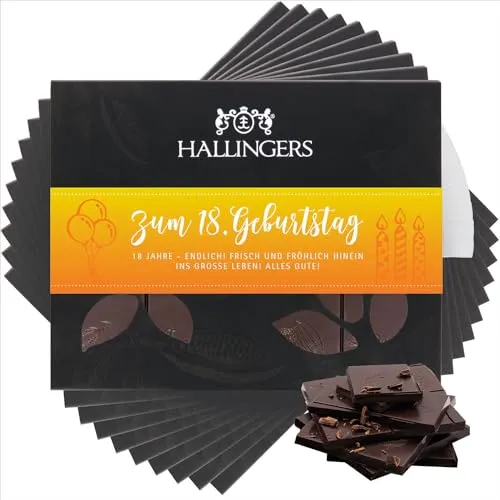 Hallingers 10x Zum 18. Geburtstag - Vegane Schokolade Zartbitter-Edelkakao 85% pur - handmade, alkoholfrei (Box) - Geschenk im Sommer & als perfektes Grillgeschenk | Geburtstag Glückwunsch Jahrestag G