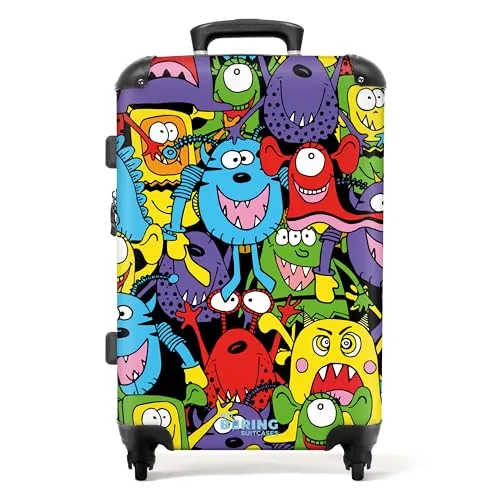 NoBoringSuitcases.com® Reisekoffer mit Rollen Koffer groß Kinderkoffer Jungen Hartschalenkoffer - Muster - Monster - Lustig - Koffer Kinder Jungen Koffer mittelgroß, 67x43x25cm