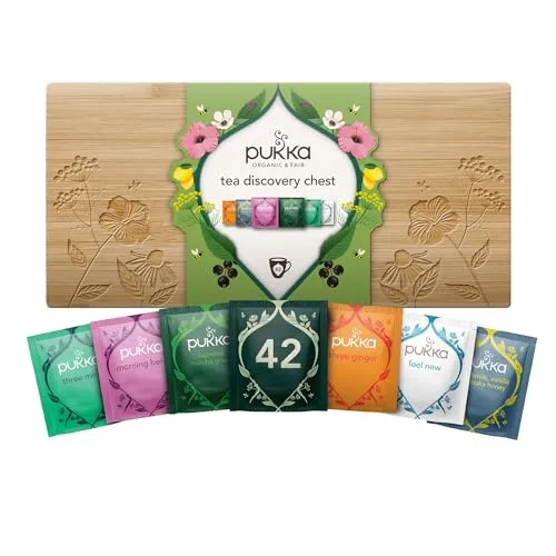 Pukka Tee Geschenkset, Bio Tee Box "Wohlfühlbox", Manuka Honig, Matcha, Aus nachhaltigem Bambus, Tee Set, Geschenkidee, 6 Varianten, 42 Teebeutel