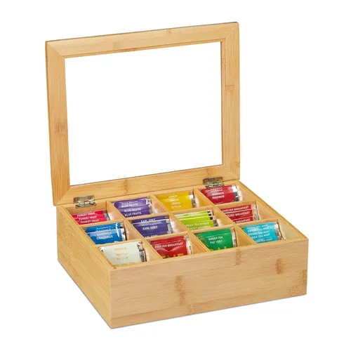 Teebox Teekiste Teebeutel-Organizer - Frischhaltedosen mit 12 Fächern aus hochwertigem Bambus, ideal zur übersichtlichen Aufbewahrung von Teebeuteln und für Teeliebhaber.