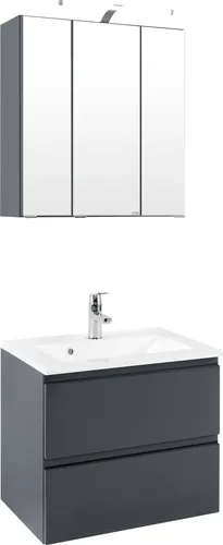 Badezimmer Cardiff ca. 60 cm Grau mit LED-Beleuchtung - Praktische Badezimmergarnitur in Grau mit Waschtisch und Spiegelschrank. Der integrierte Stauraum bietet Platz für Handtücher und Pflegeprodukte. Mit moderner LED-Beleuchtung sorgt der Spiegelschrank für optimale Sicht. Ideal für Ihr Badezimmer!