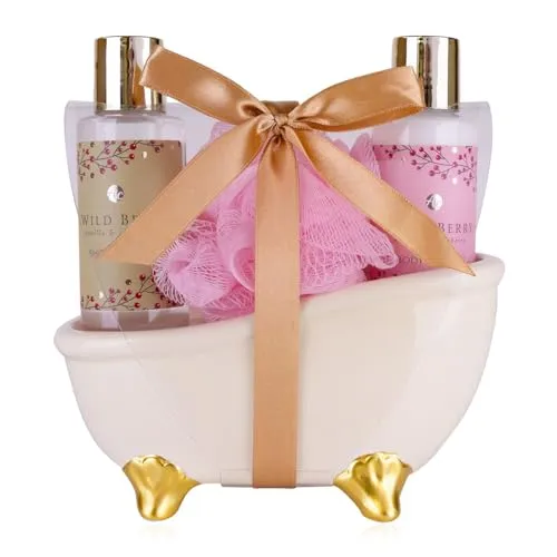 Accentra Badeset WILD BERRY in Keramikbadewanne, Geschenkset für Frauen mit 100 ml Duschgel, 100 ml Bodylotion und 15 g Netzschwamm, Wellness Geschenk zum Geburtstag, Muttertag und Valentinstag