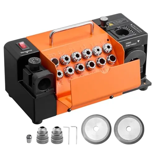 VEVOR Bohrerschleifgerät MR-13B - Präzises Bohrerschleifgerät für Durchmesser von 3-15 mm, inkl. 13 Spannzangen und zwei Schleifscheiben, ideal für effizientes Schleifen mit einstellbarem Punktwinkel.